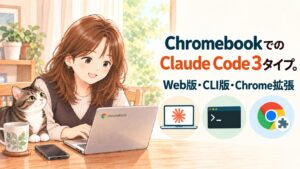 Chromebookの前で、猫と一緒に画面を見る女性のイラスト。Claude Codeの3タイプ（Web版・CLI版・Chrome拡張のClaude in Chrome）のアイコンつき