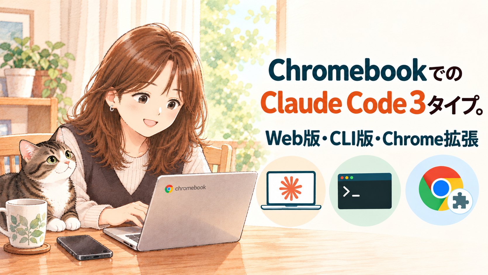 Chromebookの前で、猫と一緒に画面を見る女性のイラスト。Claude Codeの3タイプ（Web版・CLI版・Chrome拡張のClaude in Chrome）のアイコンつき