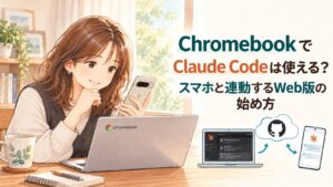 Chromebookとスマホを使って、Claude CodeのWeb版を始める女性のイラスト。パソコンとスマホがクラウドでつながる図つき