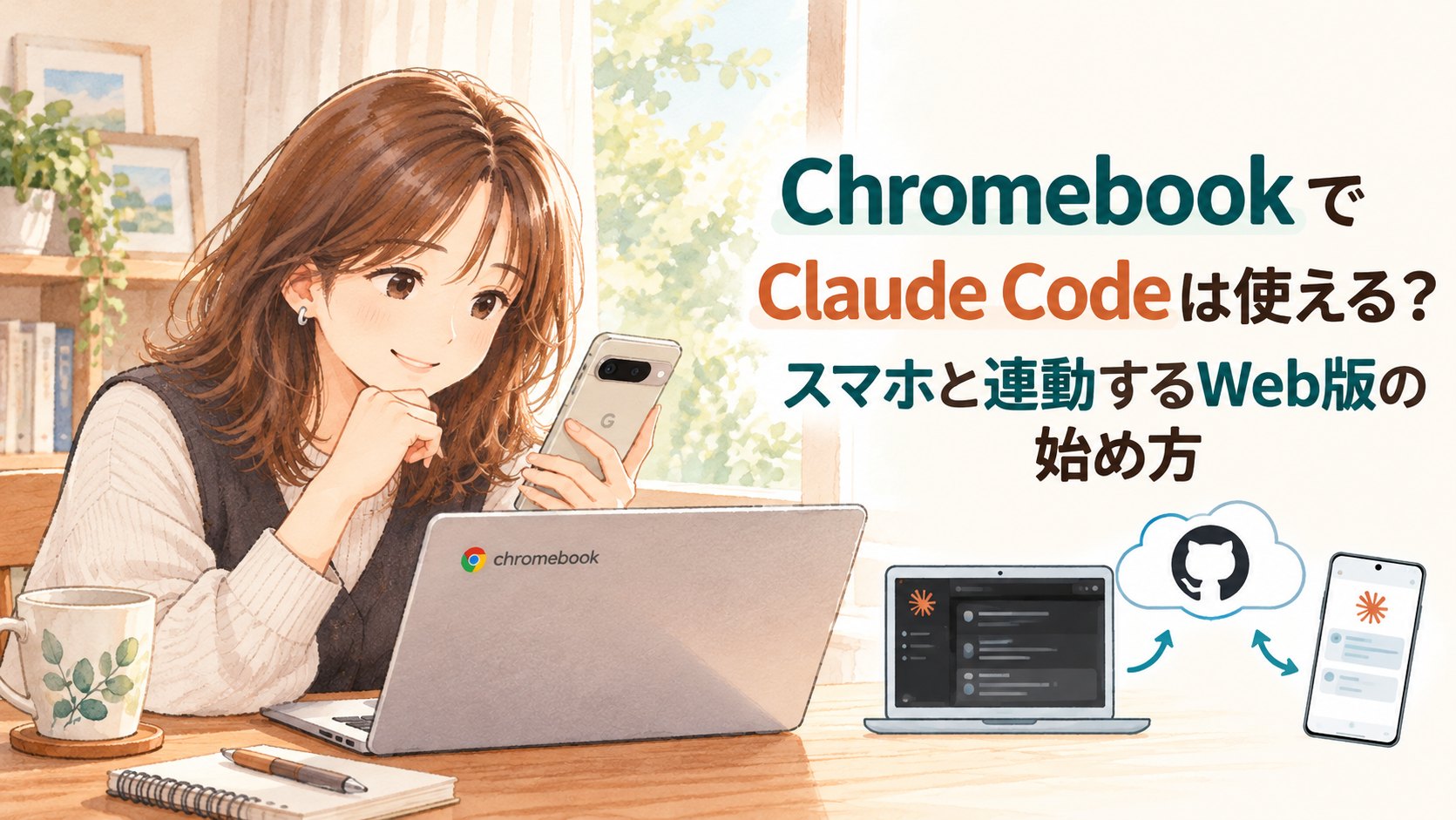 Chromebookとスマホを使って、Claude CodeのWeb版を始める女性のイラスト。パソコンとスマホがクラウドでつながる図つき