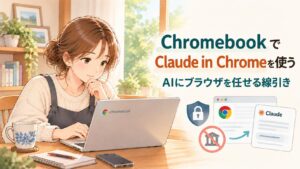Chromebookを使いながら、AIにブラウザを任せる範囲を考える女性のイラスト