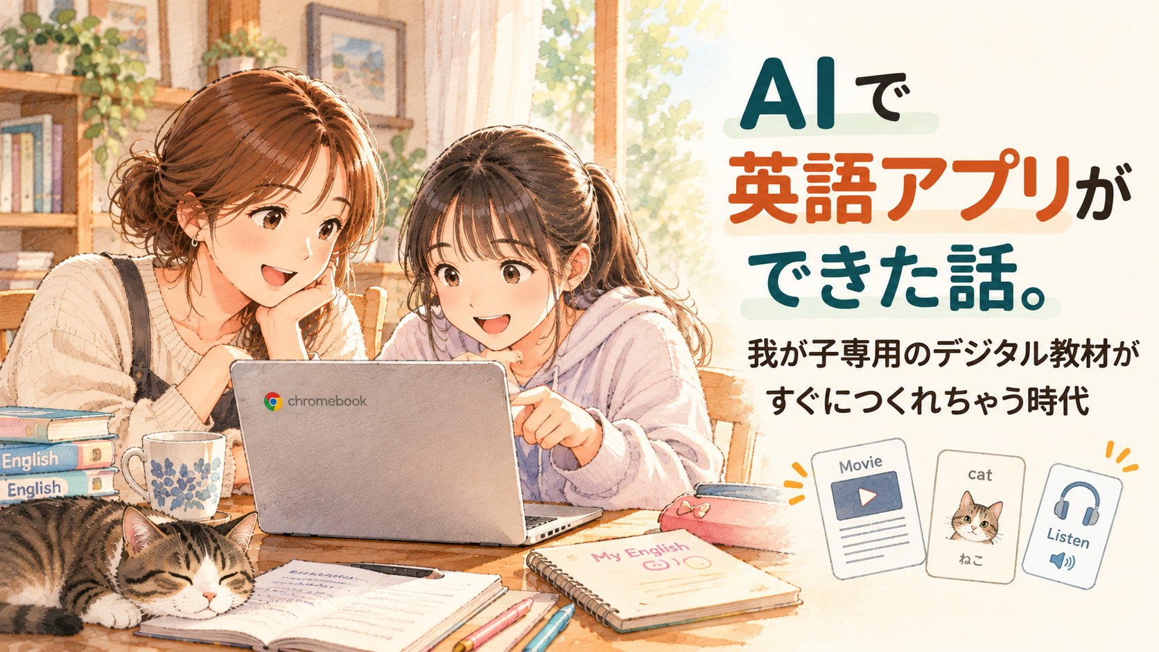 母と娘がChromebookの画面をのぞき込み、笑顔で英語学習アプリを作るイラスト。机の上には英語の本と眠る猫