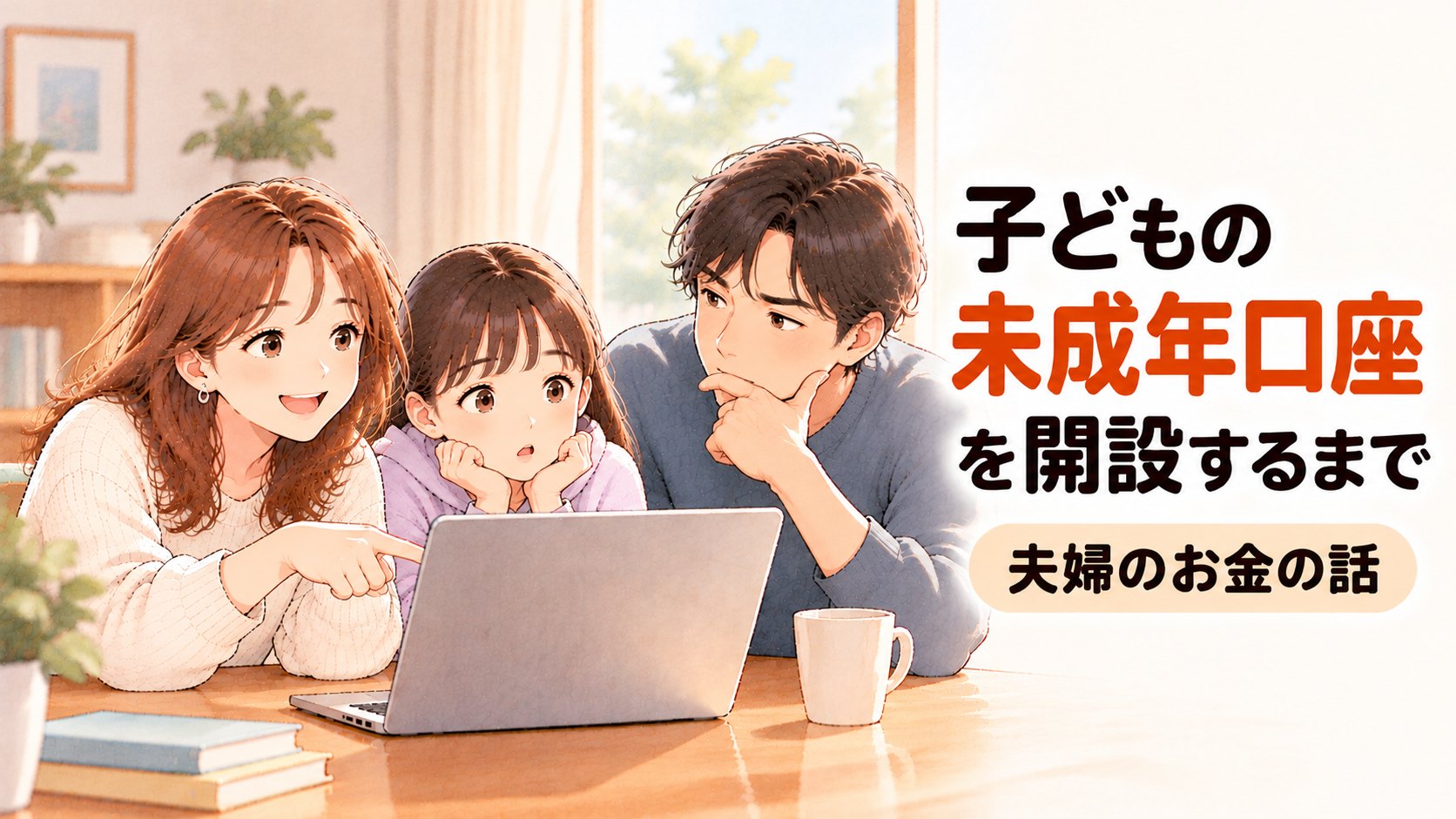 ノートパソコンを囲み、夫婦と娘が子どもの未成年口座の開設について話し合うイラスト