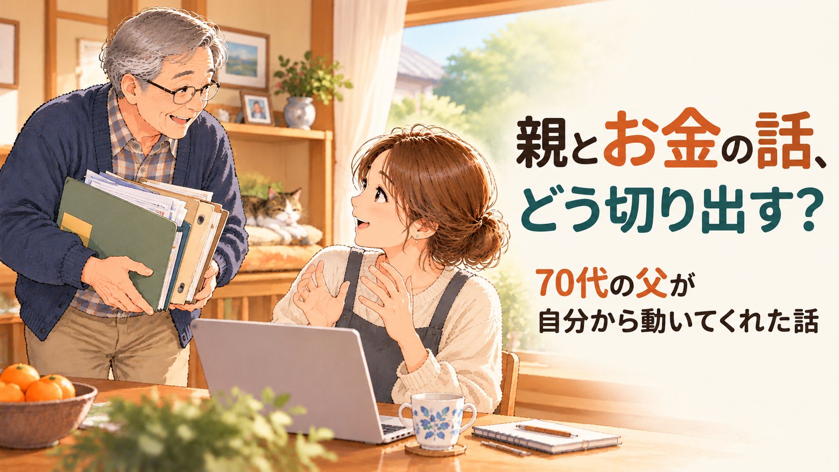 書類のファイルを抱えた70代の父が、パソコンの前の娘に笑顔で話しかけるイラスト
