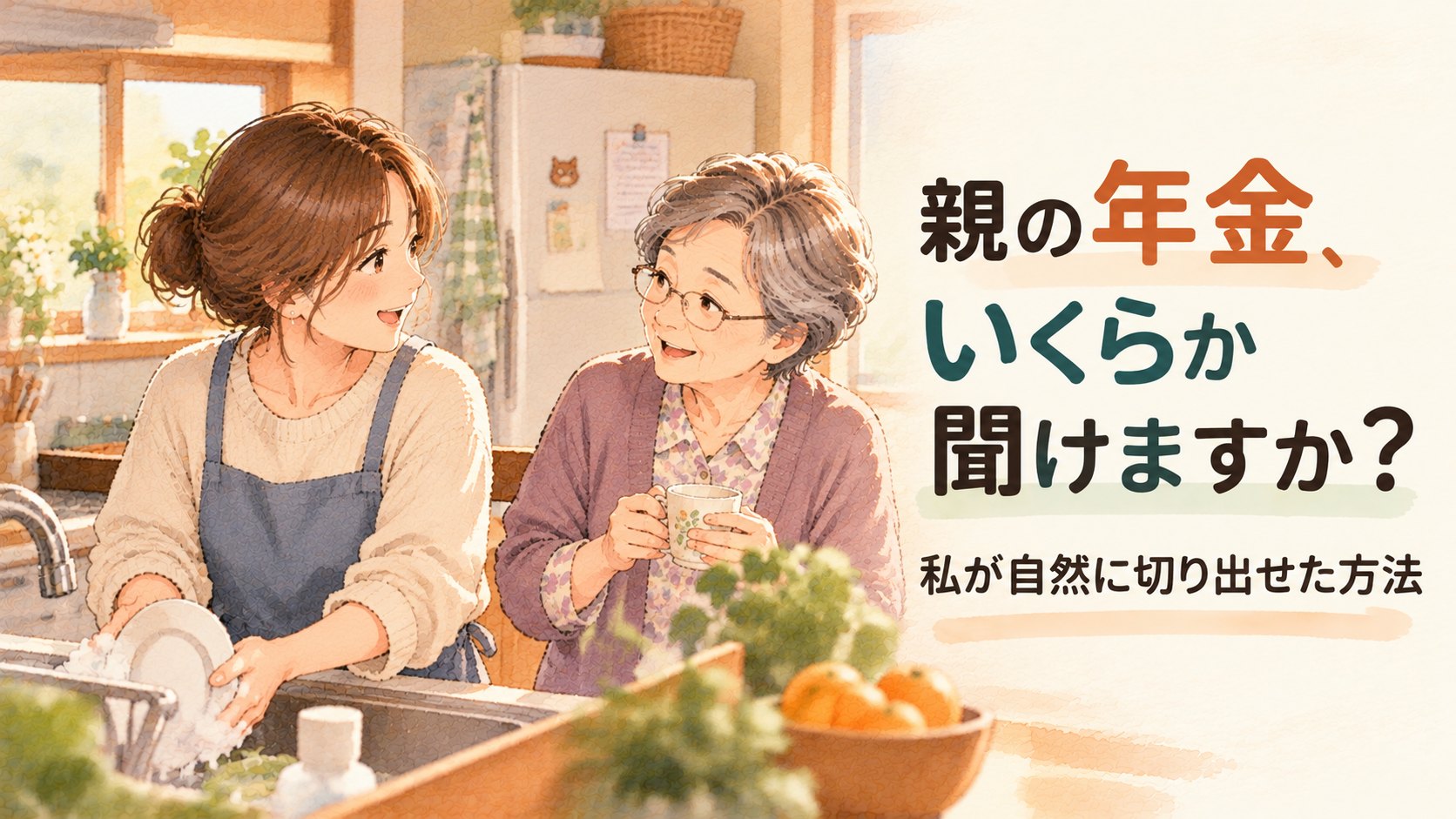 台所で洗い物をしながら、親に年金の話を自然に切り出す親子のイラスト