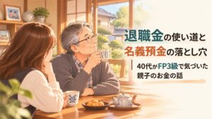 お茶を飲む70代の父と、隣で話を聞く娘が、退職金の使い道と名義預金について話すイラスト