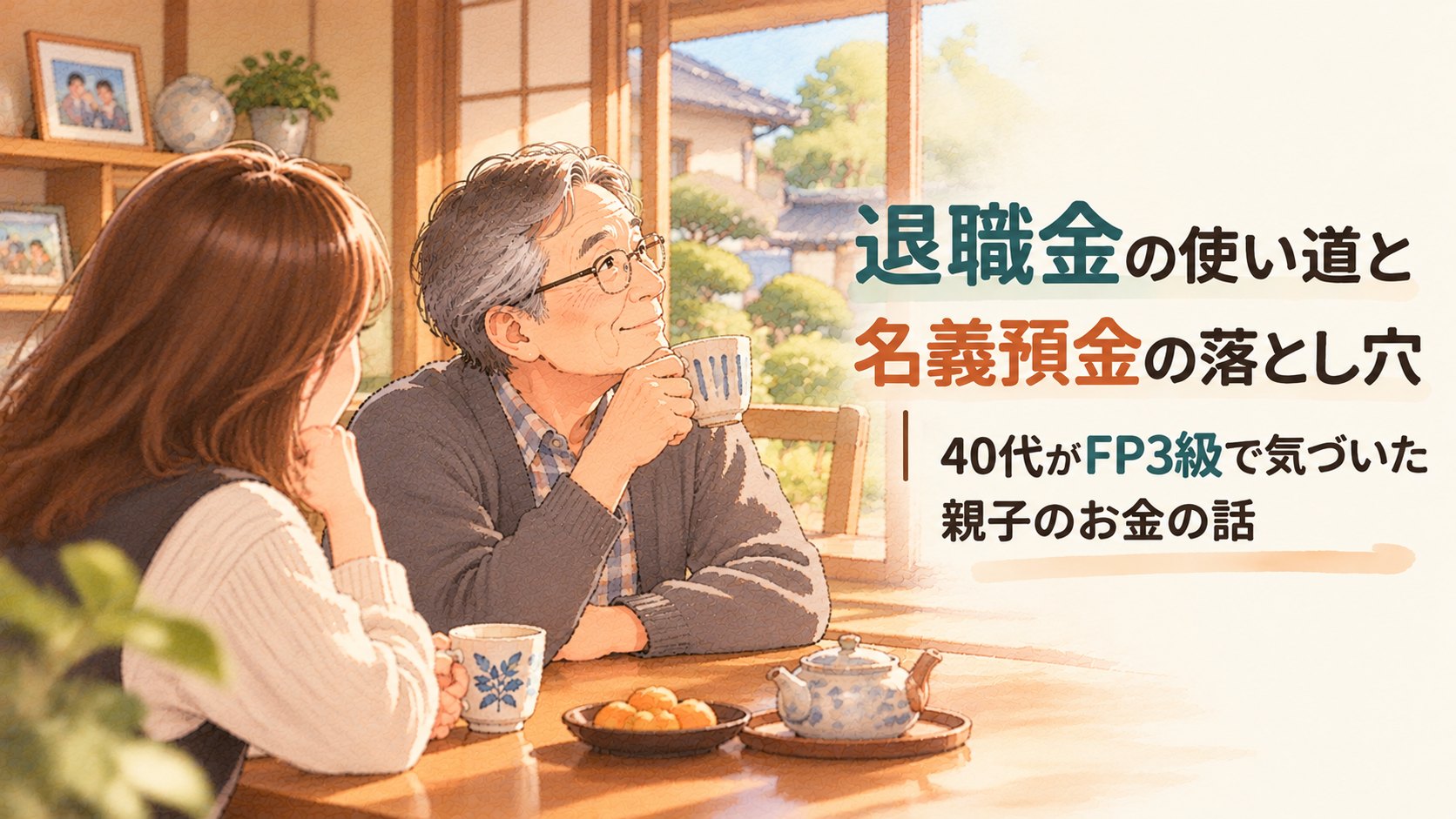 お茶を飲む70代の父と、隣で話を聞く娘が、退職金の使い道と名義預金について話すイラスト