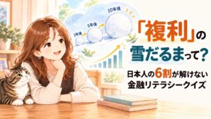 雪だるまが1年後・5年後・10年後と大きくなる図を思い浮かべる、猫と女性のイラスト。複利の金融リテラシークイズ
