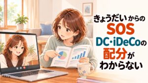 ノートPCのビデオ通話でつながったきょうだいに、グラフ入りの冊子を見せながらDC・iDeCoの配分を相談するイラスト
