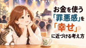 猫に寄り添われた女性が、ピアノのステージを思い浮かべながら頬杖をついて微笑むイラスト。お金を使う罪悪感を幸せに近づける考え方